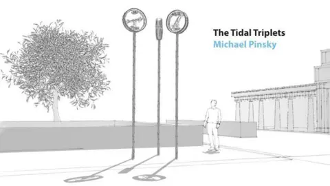 A white and grey mock up image depicting the structure. It shows three tall structures side-by-side. A drawing of a tree, small wall and building in the background. A person is standing next to the art. 