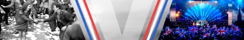 A banner with two images of people celebrating VE Day in different time periods, one is black and white and the other is in colour.