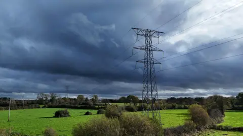 A pylon carrying power cables stands in a green field surrounded by flat fields, with hedges and small trees running between them. In the background, the sky is filled with large dark grey clouds. 