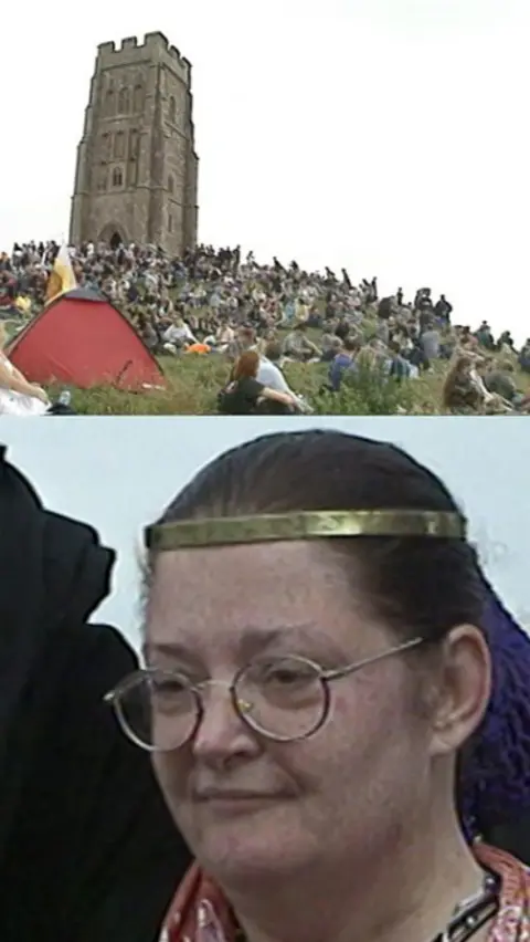 A split screen with Glastonbury Tor and a woman wearing a gold headband