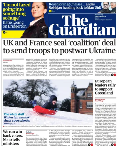 "UK and France seal 'coalition' deal to send troops to postwar Ukraine" reads the headline on the front page of the Guardian.