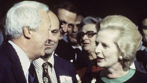 Margaret Thatcher, MP for Finchley, Leader of the Conservative Party, and future Prime Minister, talking to Edward Heath at the Conservative Party Conference.