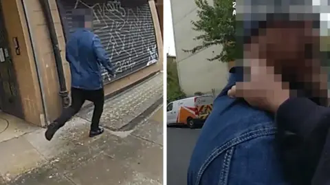 A man in black jeans and denim top runs from police followed by a second image of him being grabbed by the officer by the scruff of the neck