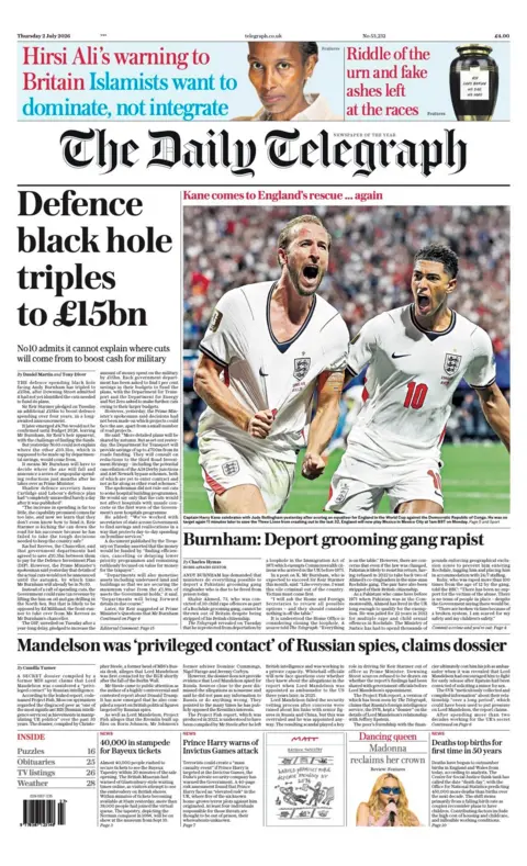 "Defence black hole triples to £15bn" reads the headline on the front page of the Daily Telegraph.