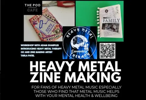 Adam Sharples A poster advertising the heavy metal zine making event. It says: Workshop with Adam Sharples introducing heavy metal theerapy cic and zine making artist Tarla Patel. At the bottom of the poster it says: For fans of heavy metal music especially those who find that metal music helps with your mental health and wellbeing. 