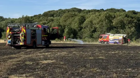 Avon Fire and Rescue Service engines in a scorched field with two firefighters using hoses to extinguish the blaze.