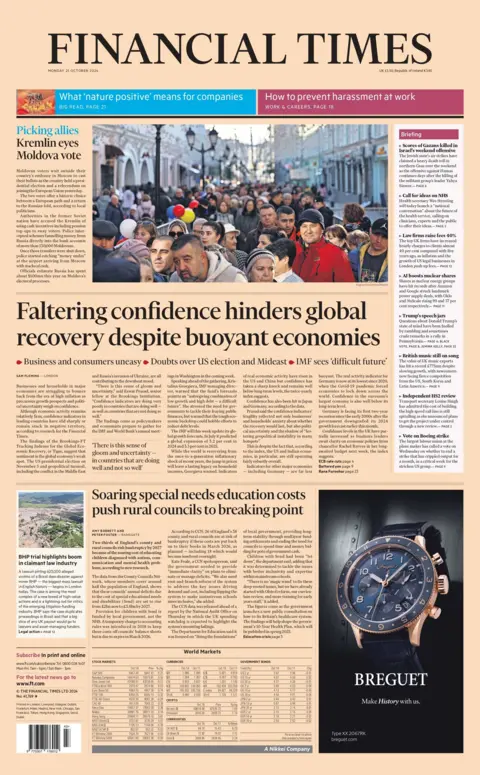 The headline of the Financial Times reads: "Faltering confidence hinders global recovery despite buoyant economies"