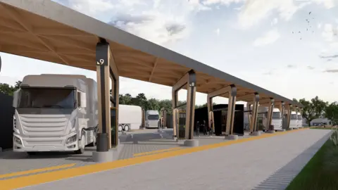 Artist's impression of the covered bays with white-coloured lorries and a bright yellow line in the foreground