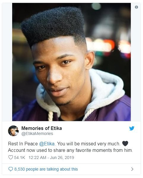 Picture of Etika, tweeted with the words: Rest In Peace @Etika. You will be missed very much. Account now used to share any favourite moments from him.