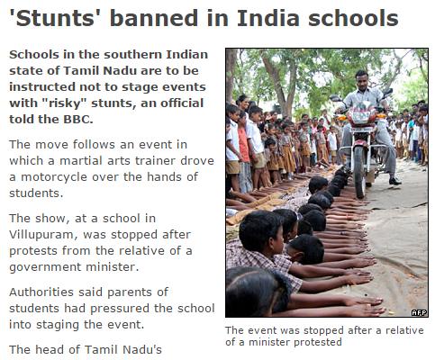 Screenshot of BBC story of 'stunts' banned in India schools