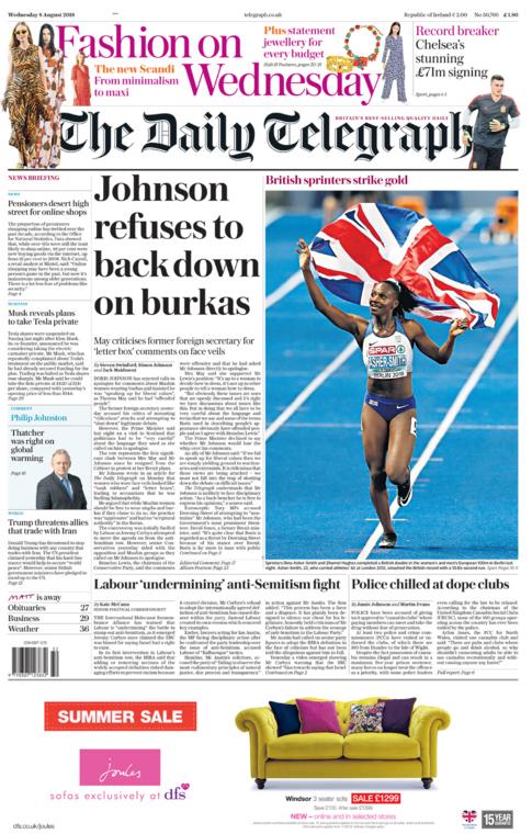 Daily Telegraph front page - 08/08/18