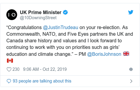 Twitter post by @10DowningStreet: “Congratulations @JustinTrudeau on your re-election. As Commonwealth, NATO, and Five Eyes partners the UK and Canada share history and values and I look forward to continuing to work with you on priorities such as girls’ education and climate change.” – PM @BorisJohnson ????