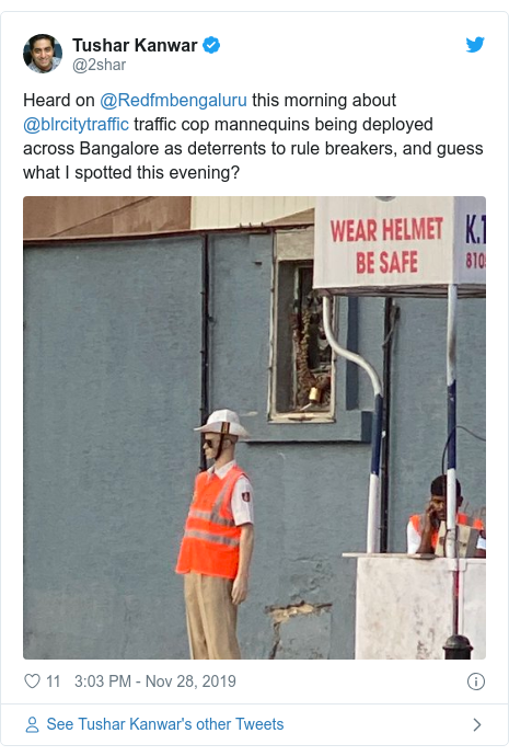 Twitter post by @2shar: Heard on @Redfmbengaluru this morning about @blrcitytraffic traffic cop mannequins being deployed across Bangalore as deterrents to rule breakers, and guess what I spotted this evening? 