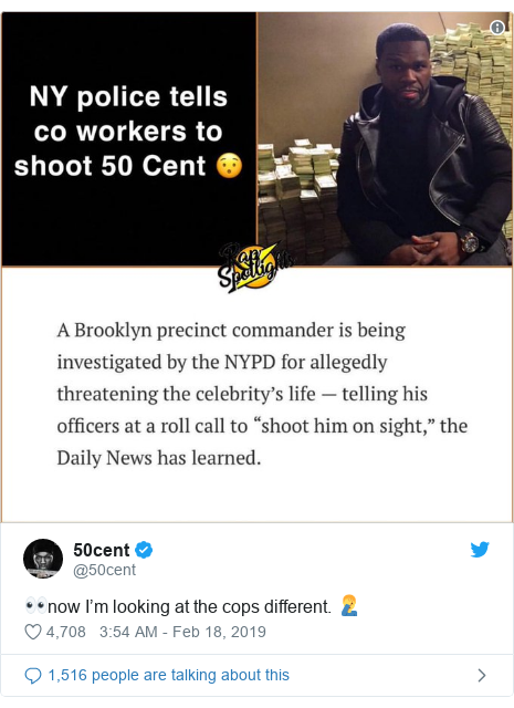 Twitter post by @50cent: 👀now I’m looking at the cops different. 🤦‍♂️ 