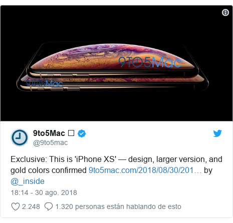 Publicación de Twitter por @9to5mac: Exclusive  This is 'iPhone XS' — design, larger version, and gold colors confirmed  by @_inside 