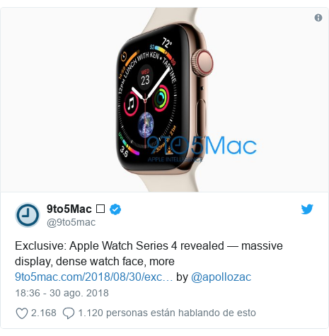 Publicación de Twitter por @9to5mac: Exclusive  Apple Watch Series 4 revealed — massive display, dense watch face, more  by @apollozac 