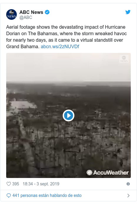 Publicación de Twitter por @ABC: Aerial footage shows the devastating impact of Hurricane Dorian on The Bahamas, where the storm wreaked havoc for nearly two days, as it came to a virtual standstill over Grand Bahama.  