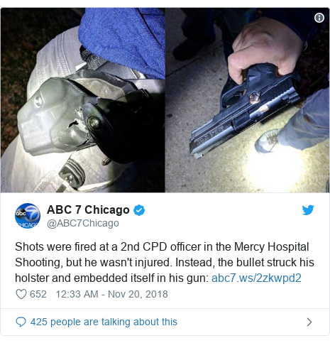 Twitter post by @ABC7Chicago: Shots were fired at a 2nd CPD officer in the Mercy Hospital Shooting, but he wasn't injured. Instead, the bullet struck his holster and embedded itself in his gun   