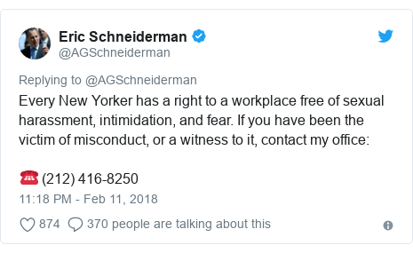 Twitter post by @AGSchneiderman: Every New Yorker has a right to a workplace free of sexual harassment, intimidation, and fear. If you have been the victim of misconduct, or a witness to it, contact my office  ☎️ (212) 416-8250