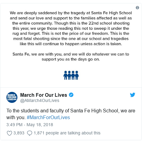 Twitter post by @AMarch4OurLives: To the students and faculty of Santa Fe High School, we are with you. #MarchForOurLives 