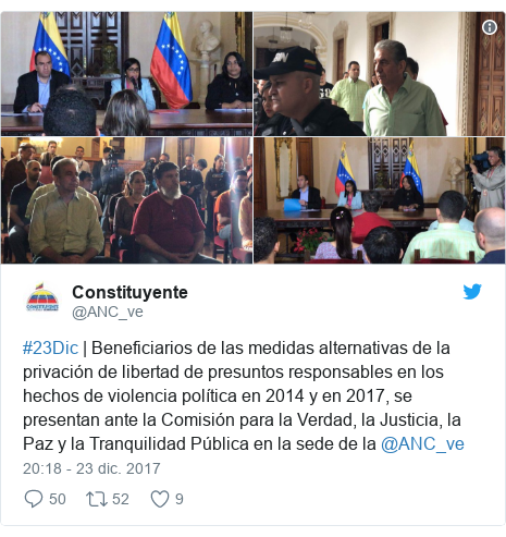 Publicación de Twitter por @ANC_ve: #23Dic | Beneficiarios de las medidas alternativas de la privación de libertad de presuntos responsables en los hechos de violencia política en 2014 y en 2017, se presentan ante la Comisión para la Verdad, la Justicia, la Paz y la Tranquilidad Pública en la sede de la @ANC_ve 