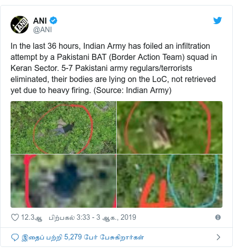 டுவிட்டர் இவரது பதிவு @ANI: In the last 36 hours, Indian Army has foiled an infiltration attempt by a Pakistani BAT (Border Action Team) squad in Keran Sector. 5-7 Pakistani army regulars/terrorists eliminated, their bodies are lying on the LoC, not retrieved yet due to heavy firing. (Source  Indian Army) 