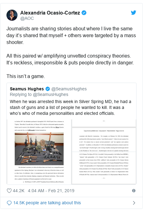 Twitter post by @AOC: Journalists are sharing stories about where I live the same day it’s shared that myself + others were targeted by a mass shooter.All this paired w/ amplifying unvetted conspiracy theories. It’s reckless, irresponsible & puts people directly in danger. This isn’t a game. 