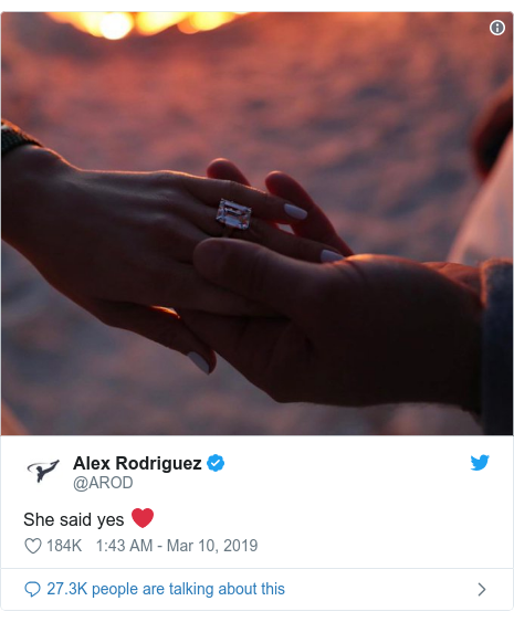 Twitter post by @AROD: She said yes ❤ 