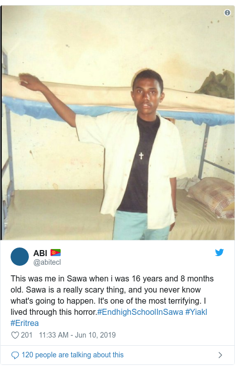 Twitter post by @abitecl: This was me in Sawa when i was 16 years and 8 months old. Sawa is a really scary thing, and you never know what's going to happen. It's one of the most terrifying. I lived through this horror.#EndhighSchoolInSawa #Yiakl #Eritrea 