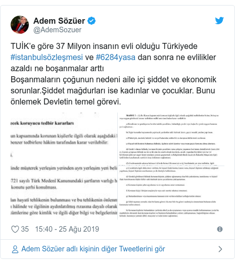 @AdemSozuer tarafından yapılan Twitter paylaşımı: TUİK’e göre 37 Milyon insanın evli olduğu Türkiyede #istanbulsözleşmesi ve #6284yasa dan sonra ne evlilikler azaldı ne boşanmalar arttıBoşanmaların çoğunun nedeni aile içi şiddet ve ekonomik sorunlar.Şiddet mağdurları ise kadınlar ve çocuklar. Bunu önlemek Devletin temel görevi. 