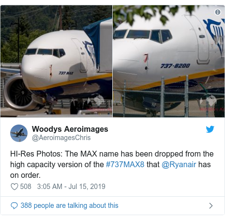 Twitter post by @AeroimagesChris: HI-Res Photos  The MAX name has been dropped from the high capacity version of the #737MAX8 that @Ryanair has on order. 