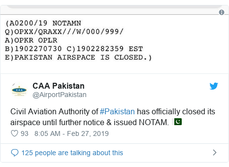 Twitter post by @AirportPakistan: Civil Aviation Authority of #Pakistan has officially closed its airspace until further notice & issued NOTAM. 🇵🇰 