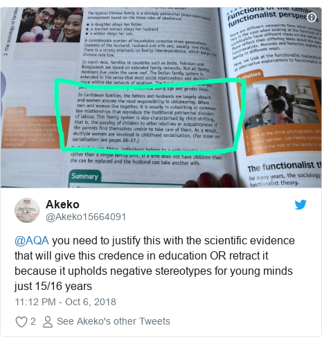 Twitter post by @Akeko15664091: @AQA you need to justify this with the scientific evidence that will give this credence in education OR retract it because it upholds negative stereotypes for young minds just 15/16 years 