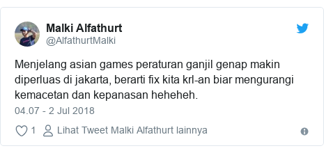 Twitter pesan oleh @AlfathurtMalki: Menjelang asian games peraturan ganjil genap makin diperluas di jakarta, berarti fix kita krl-an biar mengurangi kemacetan dan kepanasan heheheh.