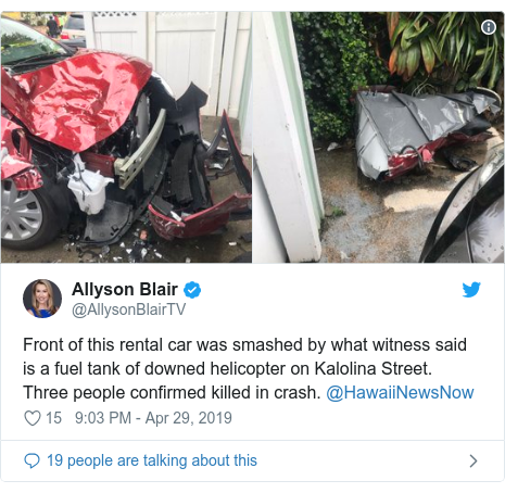 Twitter post by @AllysonBlairTV: Front of this rental car was smashed by what witness said is a fuel tank of downed helicopter on Kalolina Street. Three people confirmed killed in crash. @HawaiiNewsNow 