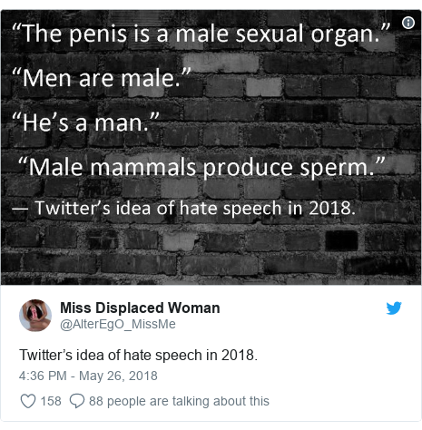 Twitter post by @AlterEgO_MissMe: Twitter’s idea of hate speech in 2018. 