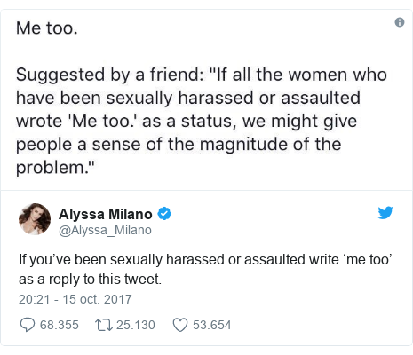 Publicación de Twitter por @Alyssa_Milano: If you’ve been sexually harassed or assaulted write ‘me too’ as a reply to this tweet. 