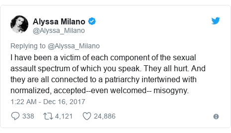Twitter post by @Alyssa_Milano: I have been a victim of each component of the sexual assault spectrum of which you speak. They all hurt. And they are all connected to a patriarchy intertwined with normalized, accepted--even welcomed-- misogyny.