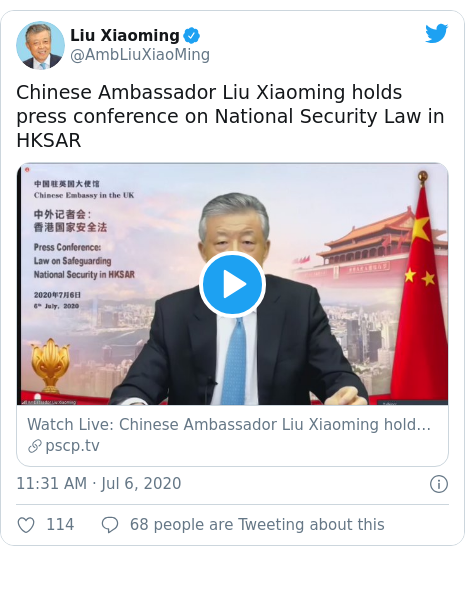 Twitter post by @AmbLiuXiaoMing: Chinese Ambassador Liu Xiaoming holds press conference on National Security Law in HKSAR