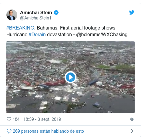 Publicación de Twitter por @AmichaiStein1: #BREAKING  Bahamas  First aerial footage shows Hurricane #Dorain devastation - @bclemms/WXChasing 