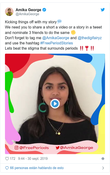 Publicación de Twitter por @AmikaGeorge: Kicking things off with my story💬We need you to share a short a video or a story in a tweet and nominate 3 friends to do the same ✊Don't forget to tag me @AmikaGeorge and @thedigifairyz  and use the hashtag #FreePeriodStoriesLets beat the stigma that surrounds periods ‼️❣️‼️ 