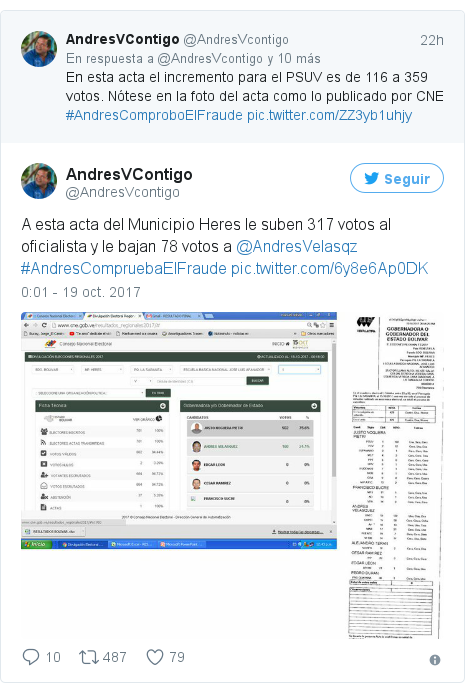 Publicación de Twitter por @AndresVcontigo: A esta acta del Municipio Heres le suben 317 votos al oficialista y le bajan 78 votos a @AndresVelasqz #AndresCompruebaElFraude 