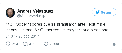 Publicación de Twitter por @AndresVelasqz: 1/ 3.- Gobernadores que se arrastraron ante ilegitima e inconstitucional ANC, merecen el mayor repudio nacional.