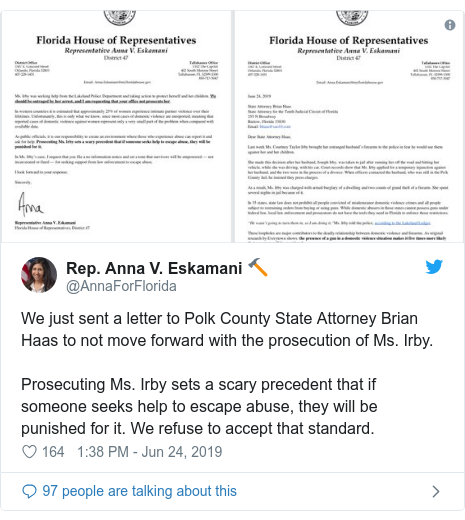 Twitter post by @AnnaForFlorida: We just sent a letter to Polk County State Attorney Brian Haas to not move forward with the prosecution of Ms. Irby.​Prosecuting Ms. Irby sets a scary precedent that if someone seeks help to escape abuse, they will be punished for it. We refuse to accept that standard. 