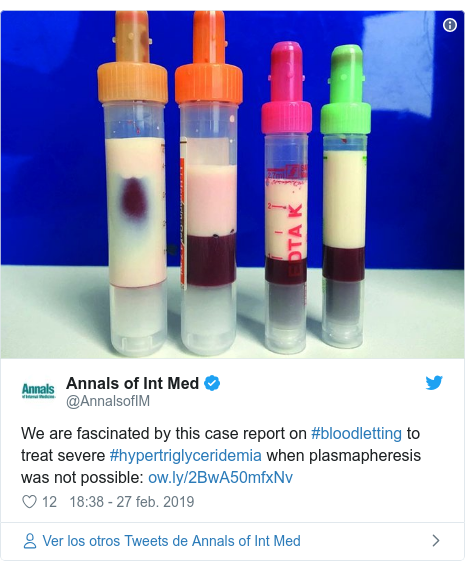Publicación de Twitter por @AnnalsofIM: We are fascinated by this case report on #bloodletting to treat severe #hypertriglyceridemia when plasmapheresis was not possible   