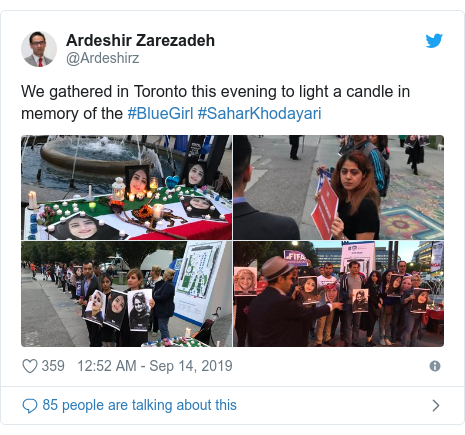 Twitter post by @Ardeshirz: We gathered in Toronto this evening to light a candle in memory of the #BlueGirl #SaharKhodayari 