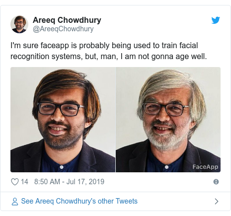 Twitter post by @AreeqChowdhury: I'm sure faceapp is probably being used to train facial recognition systems, but, man, I am not gonna age well. 