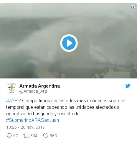 Publicación de Twitter por @Armada_Arg: #AYER Compartimos con ustedes más imágenes sobre el temporal que están capeando las unidades afectadas al operativo de búsqueda y rescate del #SubmarinoARASanJuan 