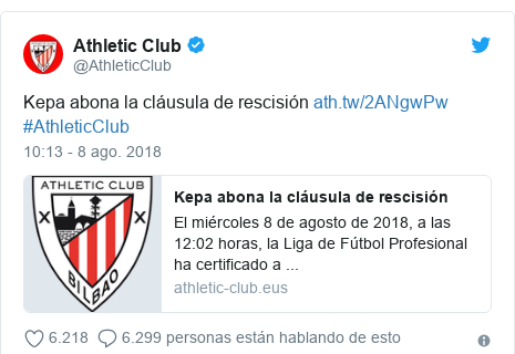 Publicación de Twitter por @AthleticClub: Kepa abona la cláusula de rescisión  #AthleticClub