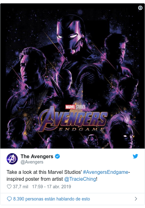 Publicación de Twitter por @Avengers: Take a look at this Marvel Studios' #AvengersEndgame-inspired poster from artist @TracieChing! 